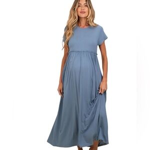Short sleeve Blue Maxi Dress Women Blue Ruffle Trim Maternity Maxi Dress Large